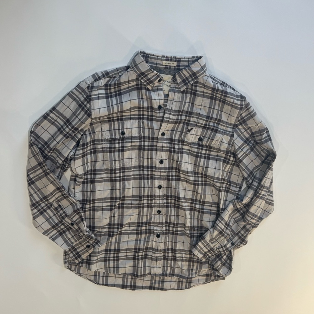 American Eagle Plaid Button Down Shirt L Athletic Fit Gray Tan Cotton